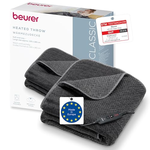 Beurer HD 65 Heizdecke, leichte Wärmedecke aus weichem Material mit 3 Temperaturstufen, Heizdecke mit Abschaltautomatik und Sicherheitssystem, maschinenwaschbar bei 30 °C, Made in Europe, grau