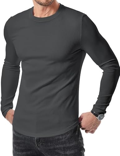 Elegancity Herren T-Shirt Grau Slim Fit O-Ausschnitt Basic Langarm Pullover Freizeit Tee Shirt Einfarbig L