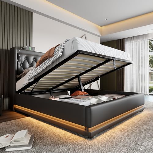 Dolamaní Doppelbett 180x200 cm Modern mit Stauraum, Boxspringbett mit Bettkasten Polsterbett, Polster Kopfteil, Funktionsbett, Stauraumbett, Schwarz-PU