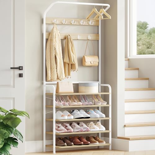 Hzuaneri Garderobenständer, Garderobe mit 5 Regalböden, 1 Kleiderstange, 9 Haken, Verstellbare, Freistehender Kleiderständer für Flur, Eingang, 24,5 x 78,5 x 195 cm, Eichenfarben-Weiß, HT19016W