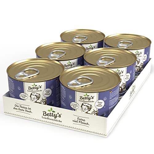 Betty's Landhausküche Dose Nassfutter Katze, getreidefrei, beste Qualität, hochwertiges Fleisch, schonend gegart, für alle Katzenrassen geeignet, Huhn & Fasan mit Borretschöl 6 x 200 g