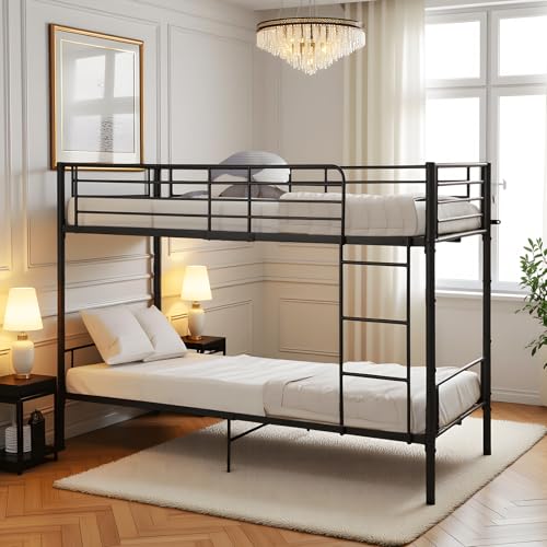FetiNes Metall Bett Etagenbett Stockbett 90x200 cm,Hochbett Metallbett Jugendbett Doppelstockbett mit Lattenrost Schlafzimmer - Schwarz