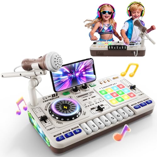 DJ Pult für Kinder 3-12 Jahre: Mixer, Controller, Musikinstrumente mit Mikrofon, 100+ Soundeffekte, Licht, Akku, ideal Geschenk, Spielzeug für DJ-Anfänger