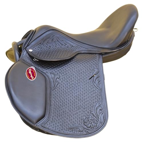 Kayfcrafts Springsattel aus braunem Leder, baumlos, mit Werkzeug und Schnitzen, Steigbügel und Riemen für Pferde, Schwarz, 43,2 cm