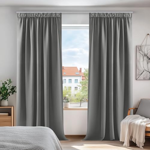 Deconovo Vorhänge Blickdicht Verdunkelungsvorhänge 2er Set H245 x B140 cm Gardinen mit Kräuselband Vorhang Wohnzimmer Thermovorhang Wärmeisolierung Hellgrau
