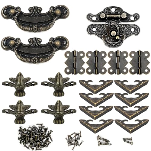 1 Set Retro dekorative Box-Hardware Antike Dekorative Haken Haspe, 1 Schlösser, 4 Butterfly-Scharniere und 8 dekorative Box-Ecken, 4 Dekorativer Ecke Fuß Standfüße, 2 schubladengriffe