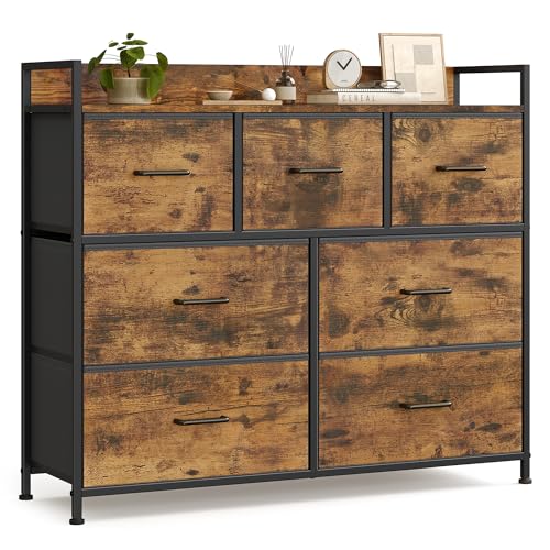 SONGMICS Kommode, Schrank, 7 Stoffschubladen mit Griffen, Metallgestell, Industrie-Design, vintagebraun-tintenschwarz LTS137B01