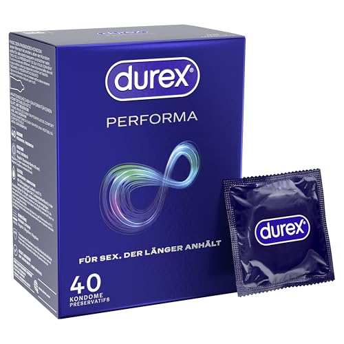 Durex Performa Kondome – Angenehmen Geruch, komfortablen Sitz und leichtes Abrollen – Mit 5% benzocainhaltigem Gel in der Kondomspitze – Befeuchtet & transparent – 40er Pack (1 x 40 Stück)