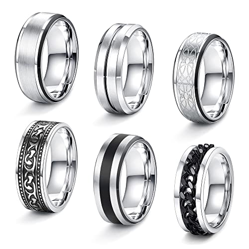 JeweBella 6 Stück Ringe Herren Edelstahl Ringe Set Silber Matt Poliert Keltischer Knoten Vintage Ketten Ring Flaschenöffner Ring Bandringe Ehering Verlobungsringe für Männer Damen Größe 54-70
