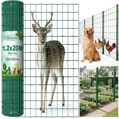 Amagabeli Maschendrahtzaun 120cm höhe steckzaun 20M Rostfrei Gartenzaun Zaun PVC-beschichteter 100 x 100mm 2.1 mm Drahtzaun Maschendraht Wildzaun/Hundezaun Grünen Drahtgitter Kaninchendraht