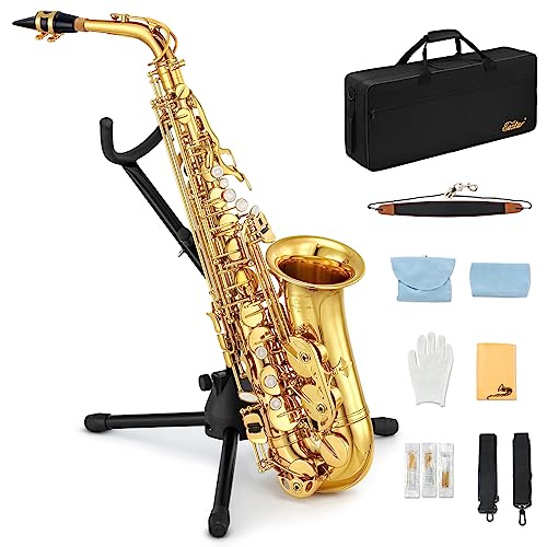Eastar Altsaxophon für Studenten, E-Flat, Goldlack, Altsaxophon für Anfänger, komplettes Set mit Saxophonkoffer, Mundstückriemen, Schilfständer, AS-Ⅱ