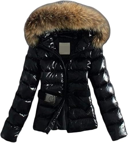 Yancremio Damen Winter Daunenjacke Mode lässig mit Pelzkragen Kapuzen Daunenjacke Outdoor Winddicht wasserdicht glänzend Daunenjacke (Schwarz,S)