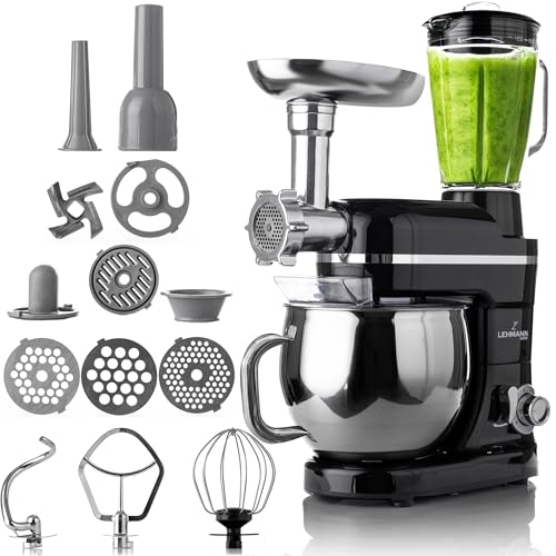 LEHMANN 3 in 1 Multifunktions Küchenmaschine mit Fleischwolf und 1.5L Standmixer, 3000W, Knetmaschine mit 5L Edelstahlschüssel, 6 Geschwindigkeiten und Pulse, Rührmaschine mit großem Zubehör-Set