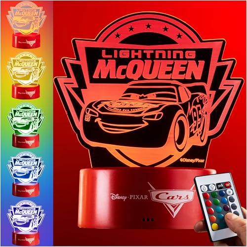 Get Trend Disney Cars LED Nachtlicht Lampe, 3D Illusion, 16 Farben mit Fernbedienung & 4 Lichtmodi, USB oder Batteriebetrieben, Lightning McQueen (Multi Cars)