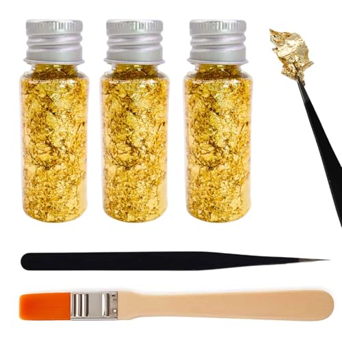 3 Flaschen Essbare Blattgoldblätter mit Pinzette & Pinsel, Blattgold Flocken Multifunktions-Dekorfolienpapier Goldfolie Papier für Küche, Mousse, Kuchen, Backen, Gebäck, Kunsthandwerk & Dekoration