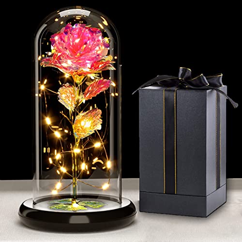 Touloube Geschenke Für Frauen Weihnachten Galaxy Rose Blume Geschenk, Infinity Rose in Glaskuppel, LED-Lichterkette auf der Kristallrose, Einzigartiges Jahrestag und Geburtstag