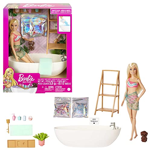 Spielset mit Barbie-Puppe mit Hündchen und Badewanne, Kinderspielzeug, Blond, farbenfrohe Konfettiseife und Zubehör, Thema Selbstfürsorge und Wellness, HKT92