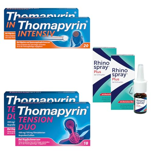 Thomapyrin INTENSIV 3-fach Kombination bei Kopfschmerzen und Migräne 2 x 20 Stk + Thomapyrin TENSION DUO bei Erkältungskopfschmerz 2 x 18 Stk + Rhinospray PLUS bei Nasenspray bei Schnupfen 2 x10 ml