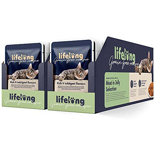 Amazon-Marke: Lifelong Getreidefreies Nassfutter für ausgewachsene Katzen Fleischauswahl in Gelee, 4.76 kg, 56 Packungen mit 85g