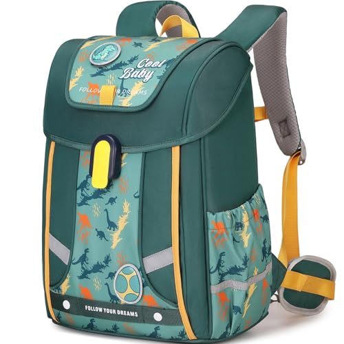 Amythe Schulrucksack Jungen Ergonomisch 1-4. Klasse mit Brustgurt, 2025 Kinderrucksack Schule 6-10 Jahre Schulranzen mit Abnehmbarer Gürtel und Reflektierend-Grün