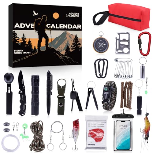 Survival Kit Adventskalender für Männer 24 Tage Countdown mit Premium-Outdoor-Überlebenswerkzeugen mit unverzichtbarer Notfallausrüstung Geschenk für Abenteurer, Camper und Überlebenskünstler