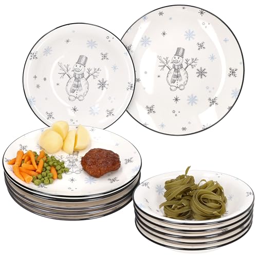 MamboCat 12tlg Tafelservice Olove I 6x Speiseteller Ø27cm & 6x Suppenteller 450 ml I winterliches Steingut-Geschirr mit Schneemann & Schneeflocken I für Weihnachten, Advent & Nikolaus