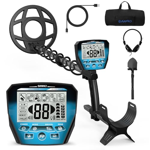 OMMO Metalldetektor Profi für Erwachsene & Kinder, USB Wiederaufladbarer Gold Detektor, 6 Modi, Hochpräzisions, IP68 Wasserdicht Suchspule Metalldetektoren Set mit Digger Schaufel, Blau
