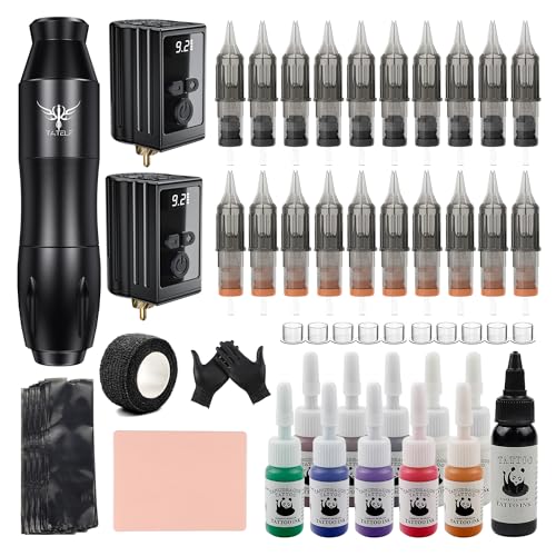 TATELF Complete Maschine Set Drahtloser mit 2 Stück Battery 20 Patronen Nadel 11 Tinte 100pcs Stift Abdeckungen Komplettes Zubehör für Anfänger und Künstler
