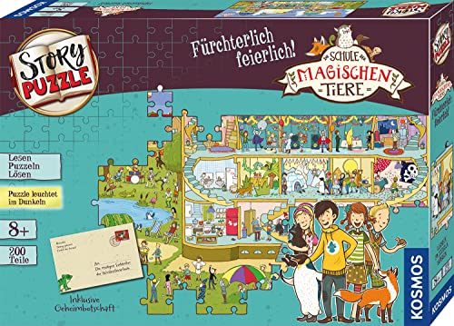 KOSMOS 698690 Story Puzzle Die Schule der magischen Tiere - Fürchterlich feierlich!, 200 Teile, Leuchtet im Dunkeln, Lesen, Puzzeln, Rätsel lösen, für Kinder ab 8 Jahre, Geburtstagsgeschenk