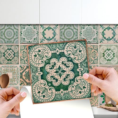 WALPLUS 24 Stück 15x15cm Vintage Green Antique Azulejo Wandfliesen Aufkleber Küchenrückwand Selbstklebende Fliesen Küche Bad Dekoration Fliesenfolie Fliesenabziehbilder