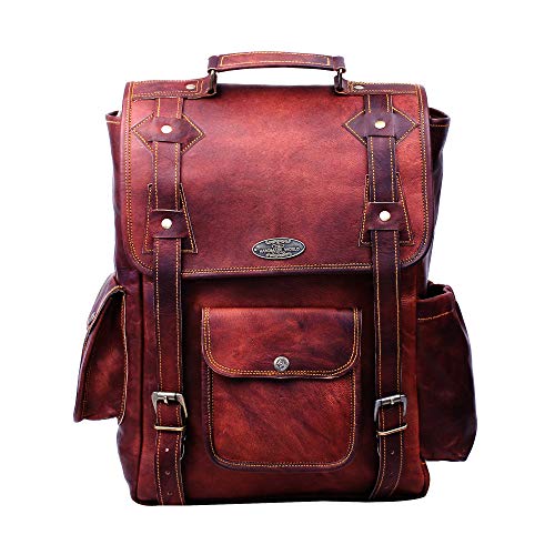 HULSH Handgefertigter 40,6 cm großer brauner Leder-Rucksack für Herren im Vintage-Stil, einfach zu öffnen, mit Push-Lock-Verschluss Damen und | Laptop-Rucksack aus Leder gepolstertem Laptopfach