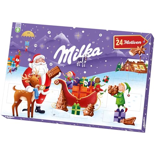 Milka Adventskalender mit gefüllten Schokofiguren aus Alpenmilch-Schokolade & Milchcréme – 24 Türchen – 200g