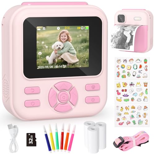 YOHOOLYO Sofortbildkamera Kinder 2,4 Zoll 1080P HD Kinderkamera mit 3 Rollen Druckpapier 32GB Karte Farbigen Stiften Aufkleber Geschenke für Jungen und Mädchen 3-12 Jahre (Rosa)