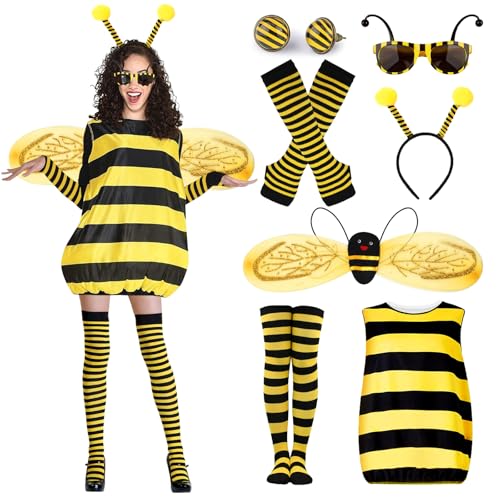 Bienenkostüm Erwachsene Damen Bienen Kostüm Kleid Flügel Haarreif Handschuhe Socken Ohrringe Brille Karneval Kostüm Biene Damen Biene Bienen Kostüm Kleidung Frauen Faschingskostüm Verkleidung 52-56