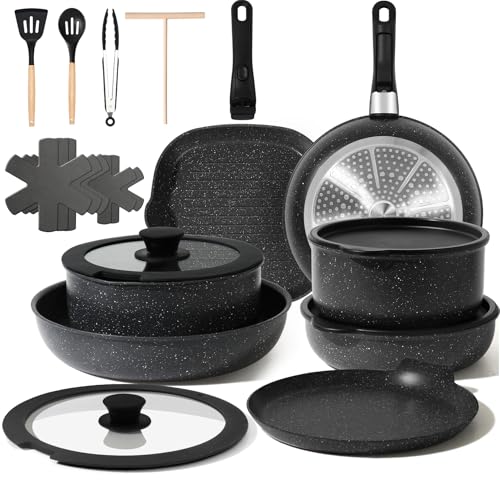 GMISUM 22-Teiliges Induktions TöPfe Set,Topfset Induktion mit Abnehmbarer Griff,Töpfe Set für Alle Herdarten,Pfanne 20/24cm, Topf 18/20cm,Steakpfanne and Flat Pan for Crêpes24cm,Schwarz