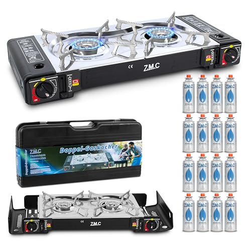 ZMC Camping Gaskocher 2-flammig inkl. Adapter für LPG Anschluss + 16 Gaskartuschen 227g + Aufbewahrungskoffer, Wärmeleistung: 2,5KW, Campingkocher mit Piezozündung für Outdoor und Innenraum