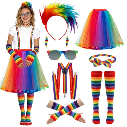 ZABARE 8 Stück Karneval Kostüm Damen - Regenbogen Kleid Set mit, 80 er Fasching Regenbogen Kostüm, Einheitsgröße, für Vintage Party