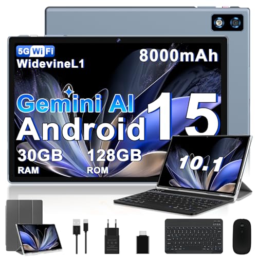 2026 Neuestes Android 15 Tablet 10 Zoll mit Gemini AI, 30 GB RAM + 128 GB ROM, 8-Core 2,0 GHz, 8000 mAh, GMS, Widevine L1, GPS, OTG, 5G WiFi 6 & BT 5.0, Tablet Sonderangebot mit Tastatur und Maus–Grau
