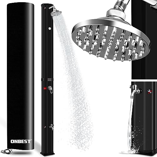 Onbest 35 Liter Solardusche Garten mit Regenschutz – Zusätzlicher Wasserhahn und integriertes Thermometer – 60°C – Warm - Kalt - Regler – Outdoor Gartendusche für Garten, Balkon & Pool – Solar Shower