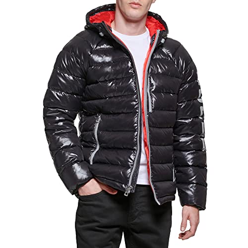 GUESS Herren Langärmeliger Puffer mit Kapuze Jacke, Schwarz, XL