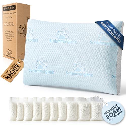 Schlummerglanz Memory Foam Kissen - Kopfkissen 40x80 höhenverstellbar - Pillows for Sleeping für Seitenschläfer und andere - Premium Füllung gegen Nackenschmerzen - richtige Höhe einfach Finden