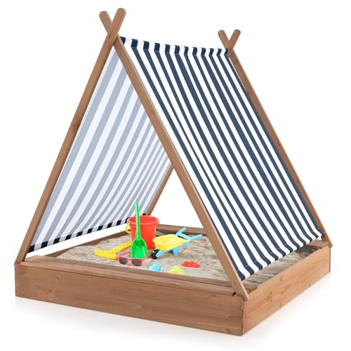 DREAMADE Sandkasten 124 x 123 x 134 cm, Kinder Sandkasten aus Tannenholz mit Überdachung, Sandkiste mit Zeltdach, 2 Sitzbänken & offenem Boden, Sandkasten groß für Hinterhof, Strand, Garten
