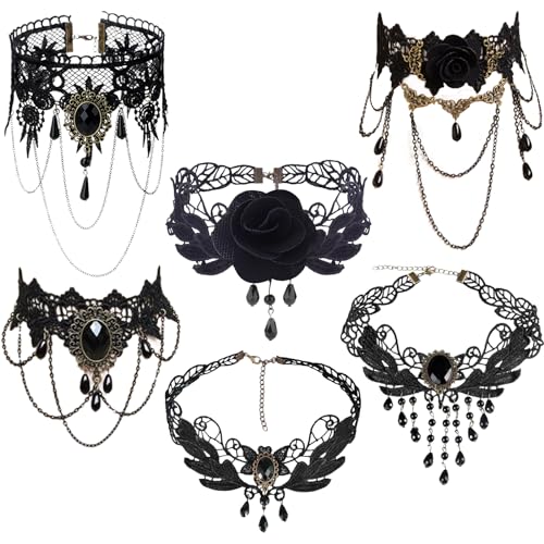 BDSHUNBF 6 Stück Gothic Halskette, Schwarz Spitze Kette, Gotisch Choker, Lolita Kostüm Zubehör, Vintage Halsband Victorian Schmuck, Spitze Choker Gothic für Halloween Karneval Maskerade