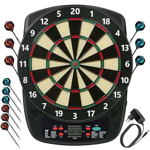 Elektronische Dartscheibe Profi Set 32 Spiele&590 Varianten mit Soundeffekte LCD-Bildschirm, 6 Darts 50 Dartköpfe Netzadapter, E-Darts Dartautomat für Hause Partys Garten Bar 1-8 Spieler, Hochschwarz