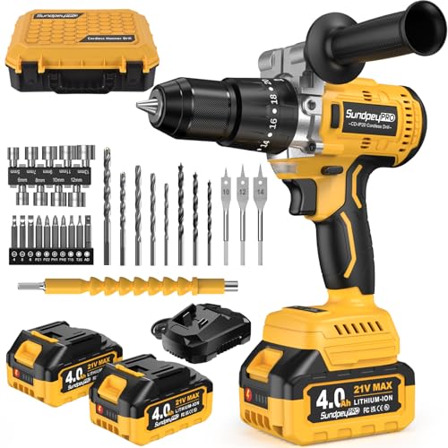 SundpeyPRO Akkuschrauber mit Schlagbohrfunktion 21V - 120Nm Bürstenloser Akku Schlagbohrschrauber Set mit 2x4Ah Akkus, 20+3 Drehmomentstufen Akku bohrmaschine, 13mm Bohrfutter, 2 Gang, 35-tlg Zubehör