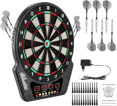 Elektronische Dartscheibe für 16 Spieler, E-Dartboards Dartautomat mit 4 LCD-Anzeige und 6 Darts und 24 Pfeilkopf 27 Spiele mit 243 Spieloptionen Profi Elektronik Dartspiel