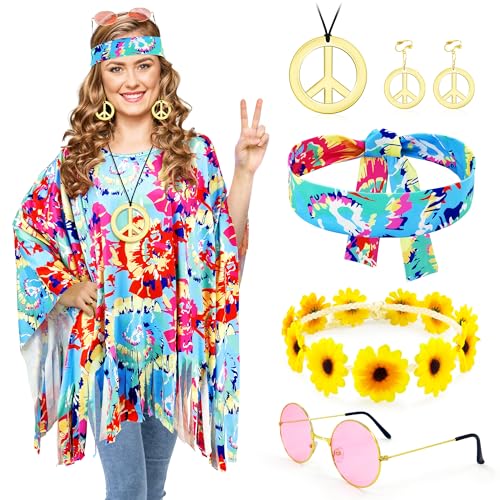 beifon 6 Stück Hippie Kostüm Damen Set, Faschingskostüme Damen Karneval Kostüm mit Hippie Poncho, 60er 70er 80er Jahre Outfit Flower Power Kleidung Hippie Accessoires Karnevalskostüm für Cosplay