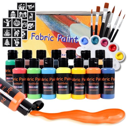 LiBozd Textilfarbe waschmaschinenfest 14 Farben je 30ml Stoffmalfarben Set zum Malen auf Stoff, Baumwolle, Jeans & Textilien Waschfeste Textilfarbe für Kinder & Erwachsene Inkl. Pinsel & Vorlagen