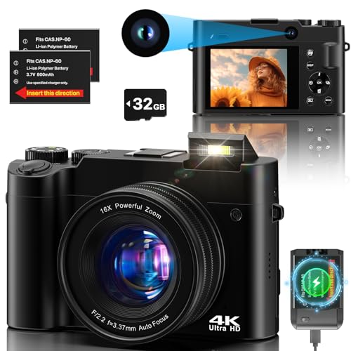 Digitalkamera 4K,64 MP Fotokamera Dual Kamera Anti-Shake Vlogging Fotokamera mit 32GB Speicherkarte, 16X Digitalzoom, 2 Akkus& Ladegerät,und Einsteiger Kompaktkamera für Jugendliche