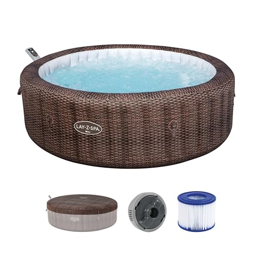 Bestway® Lay-Z-SPA® Energiespar-Whirlpool Bali AirJet™ mit App-Steuerung + integrierter UltraFit™ -Pumpeneinheit, für 7 Personen Ø 216 x 71 cm, Rattan-Optik (Schokobraun)